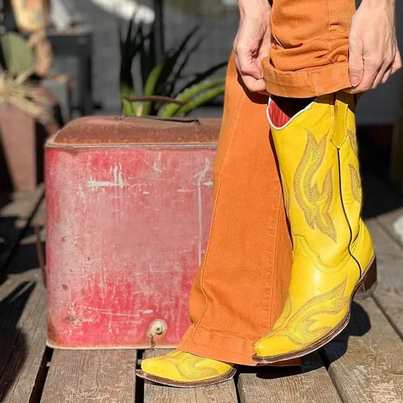Planet Cowboy Psychedelic Yellow Western Cowboy Boots with Multicolor Stitching - Picture 2 of 11